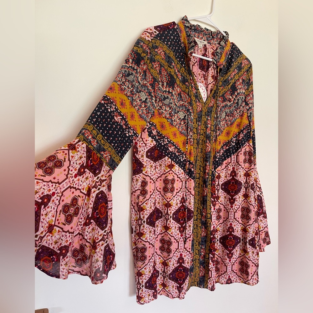 NWT Umgee Mixed Print Boho Mini Dress Bell Sleeves Ruffled Neck Tie Patchwork sm